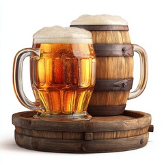 Two beer mugs and barrel on a wooden platform, with a foamy head. A rich, golden color fills the glass, and the barrel adds a rustic touch. The scene creates a feeling of refreshment and enjoyment