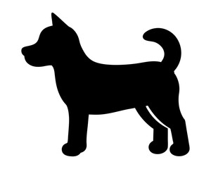 Black silhouette of a standing dog with pointed ears and curled tail