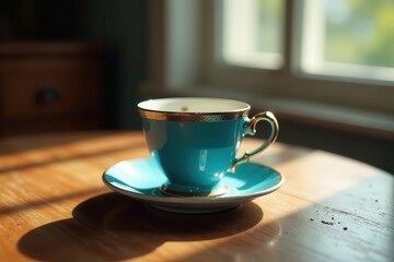 Fototapeta premium A teal teacup with a gold rim sits on a matching saucer, bathed in sunlight on a wooden surface near a window.