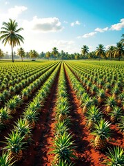 Pineapple plantation under a bright blue sky with palm trees in the distance on a sunny day