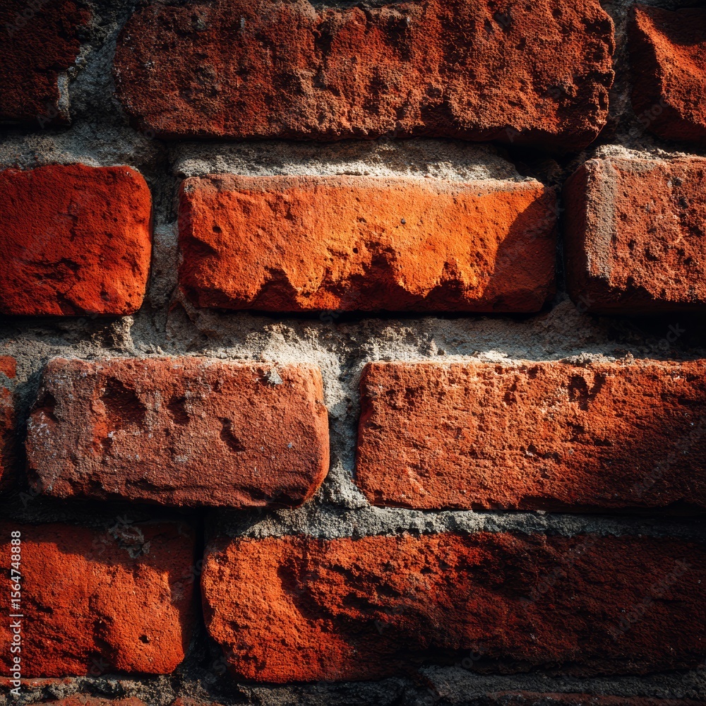 Poster red brick wall texture, close-up view of aged bricks with rich color variations and mortar details. 