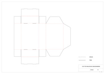 Flip top mailer box packaging die cut template design real scale measure 300x200x80mm dimension