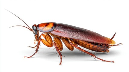 Fototapeta premium Close-up of a Large Brown Cockroach on White Background: Detailed Macro Photography of Insect Anatomy and Pest Control Theme.