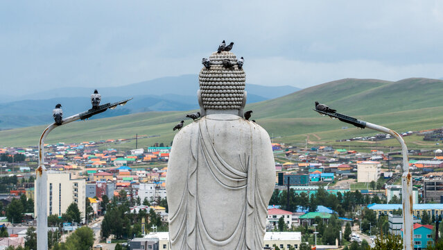 Back view of a large Buddha statue overlooking the town of Tsetserleg, Mongolia, with pigeons perched on the statue and nearby streetlights, against a backdrop of colorful rooftops and green mountains