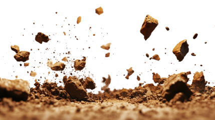 Clumps of dry soil scattered and falling on transparent PNG