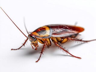 Close-up of a Reddish-Brown Cockroach on a White Background: Detailed Macro Photography of an Insect