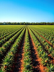 Aerial view of pineapple plantation under a clear blue sky with distant trees in the background