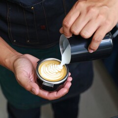 Barista Creating Latte Art with Steamed Milk and Coffee