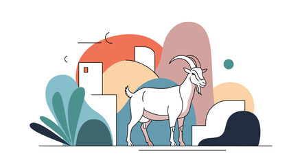 Goat Standing Near Abstract Architectural Structure Illustration