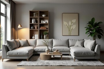 Modern Sectional Sofa in a Tranquil Living Room Setting with Natural Light and Wooden Accents