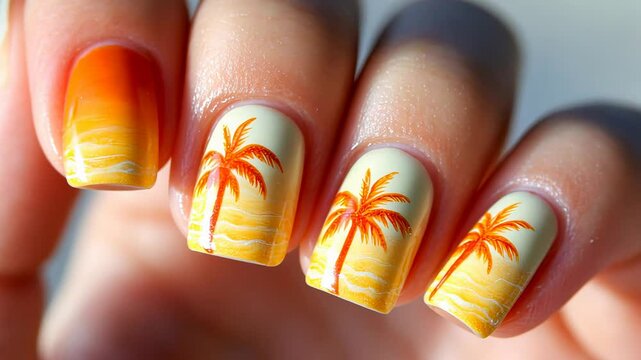 Tropical palm tree nail art with sunset gradient manicure