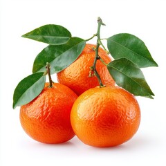 A vibrant close-up of three ripe tangerines, adorned with lush green leaves, against a backdrop of light