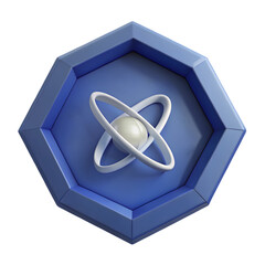 Modern Abstract Atom Icon in a Hexagonal Frame
