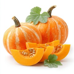 Two whole pumpkins and three pumpkin slices with green leaves. The pumpkins are orange with light orange stripes and the flesh is bright orange with seeds.