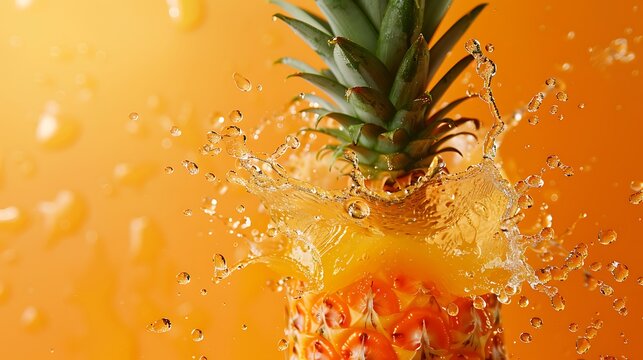 A vibrant splash of pineapple juice with droplets frozen in motion against a solid orange background.