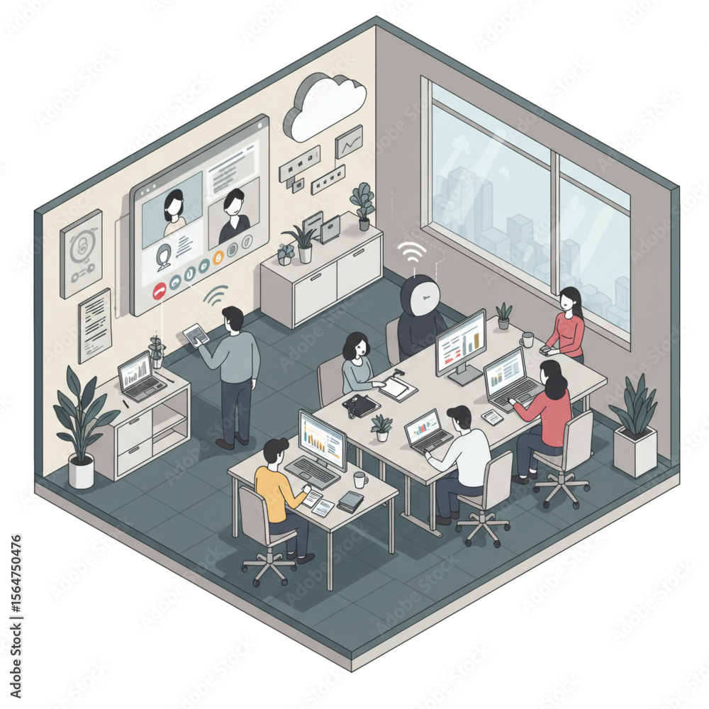 Poster modern office workers collaborate on projects, utilizing video conferencing and technology in a shar
