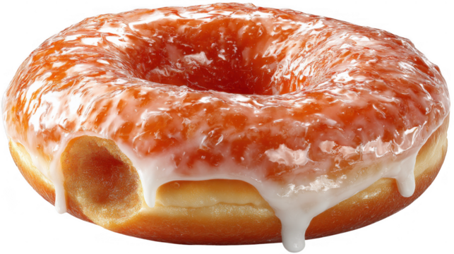 Glazed donut with bite mark on black on transparent background