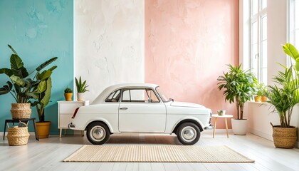 White Classic Car Parked In Modern Room With Pastel Walls And Indoor Plants
