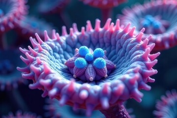 Obraz premium Abstract Close-Up of a Unique Biomorphic Structure with Spiky Petals and Fuzzy Blue Centers