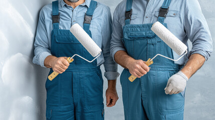 Two industrial painters in overalls hold paint rollers against white wall, ready to work