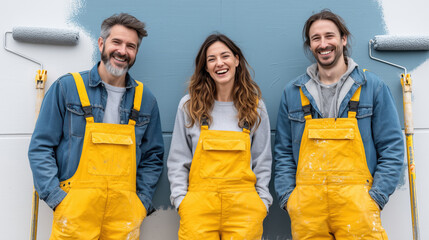 Three industrial painters in yellow overalls stand in front of painted wall, smiling and enjoying candid moment