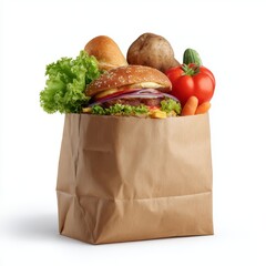 A paper bag filled with a delicious burger, fresh vegetables, and bread rolls.  The contents represent a healthy and satisfying meal