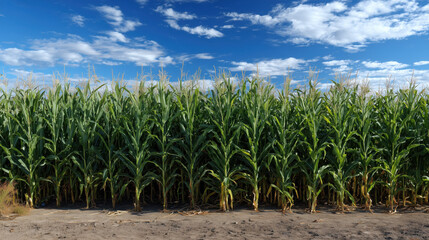 Vibrant cornfield under bright blue sky with scattered clouds, showcasing tall green corn plants