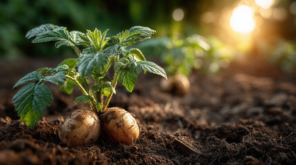 Young potato plants sprouting under warm sunlight in garden, showcasing vibrant green leaves and rich soil