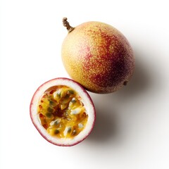 Passion fruit, half cut, showing seeds and pulp. A vibrant, exotic fruit, perfect for adding a touch of tropical flavor to your dishes or drinks.