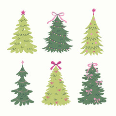 Set of decorated Christmas trees of different shapes. Vector graphics.