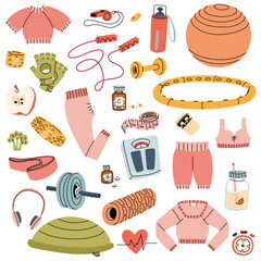 Set sports equipment. Items for fitness, sports, and training. Clothing, equipment, and supplies. Flat color illustration with doodle outline. For posters, sports materials, fitness, healthy lifestyle