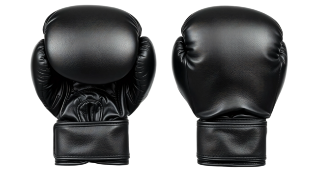 Black boxing gloves in front and back view, mockup isolated on transparent background