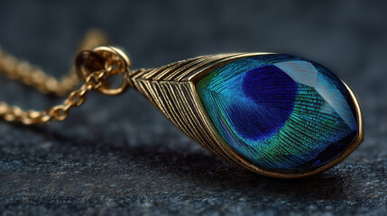 Elegant peacock feather pendant with gold chain on black table, showcasing intricate design and vibrant colors