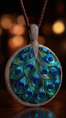 Elegant peacock feather pendant with intricate design and sparkling accents on dark background