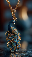 Elegant peacock pendant with intricate details on black table, showcasing luxurious design