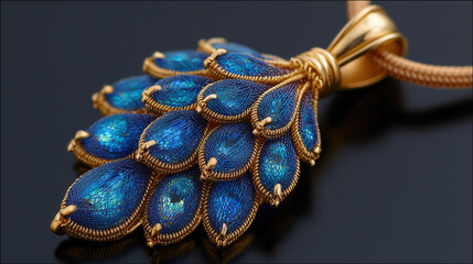 Elegant peacock inspired pendant with blue and gold details on black table