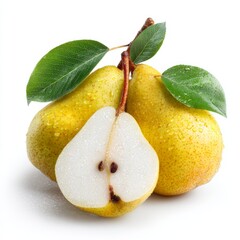 Fresh yellow pears, one cut to reveal its inner texture, alongside a few green leaves, display the essence of nature's bounty.