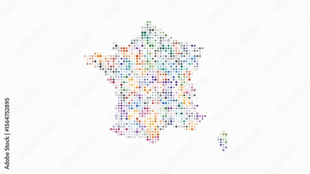 Poster france dotted animation. shape of the country build of pulsating colored dots. small size circle blo