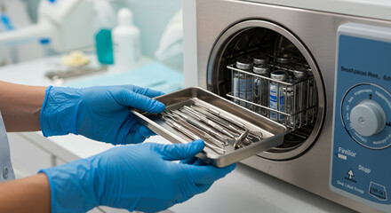 Dental Sterilization: Safe Hygiene Practices. Instruments in Autoclave for Cleanliness & Infection Control in Clinic. Healthcare & Medical Safety