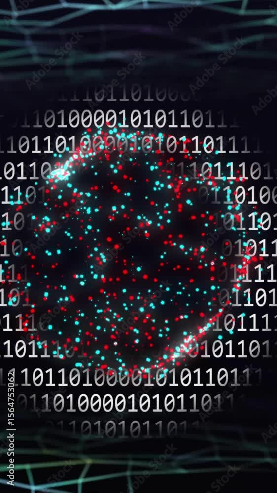 Poster animation of binary coding data processing over connections on black background