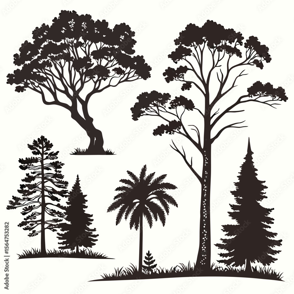 Poster collection of tree silhouettes in cutout style a diverse set of various shapes and sizes perfect for