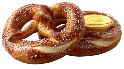 Two pretzels with cheese in the middle on transparent background