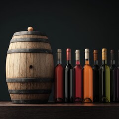 A wooden barrel and colorful wine bottles arrangement on a wooden table, ready for a tasting session. This composition showcases various wine varieties.