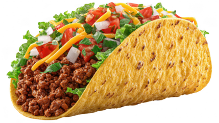 Close up of taco with meat and toppings on transparent background