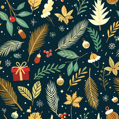 Naklejka premium Elegant Seamless Winter Holiday Pattern with a Cute Cat Illustration