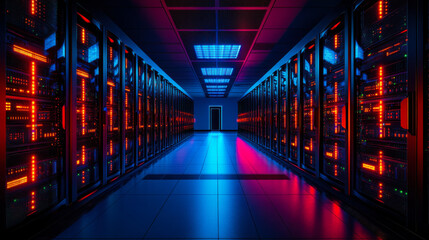 Colorful server room with illuminated racks and modern technology in a data center at night