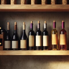 Wine bottles on wooden shelf in wine cellar. Close-up view of wine bottles with blank labels.  Elegant wine collection.