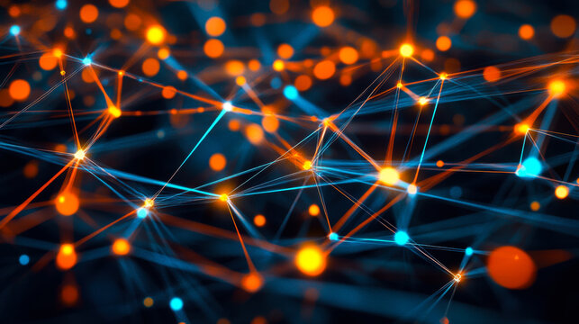 Vibrant abstract network of glowing nodes and connections in blue and orange hues showcasing digital technology