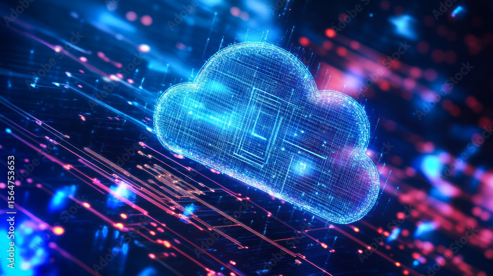Poster bright digital cloud icon with glowing lines representing data flow in a virtual environment