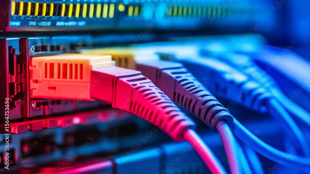 Poster network cables connected to a server switch with colorful lights in a data center environment during